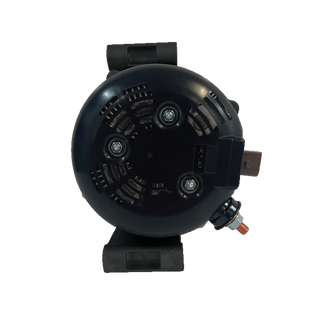 Rear of the Black Series alternator, the domed vented end cover with four through-bolts, the regulator plug at the side and the copper B plus output stud with its nut