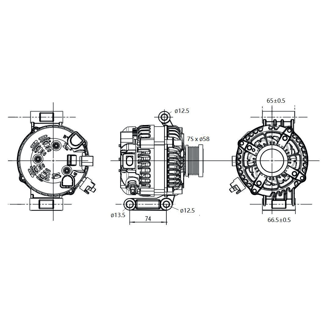 Three-view dimension drawing of the alternator: front, side and rear elevations with a 7S by 58mm pulley, 12.5mm and 13.5mm mounting bores, 74mm between mounting centres, and 65mm and 66.5mm rear housing dimensions