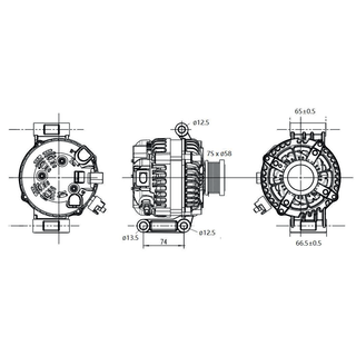 Three-view dimension drawing of the alternator: front, side and rear elevations with a 7S by 58mm pulley, 12.5mm and 13.5mm mounting bores, 74mm between mounting centres, and 65mm and 66.5mm rear housing dimensions