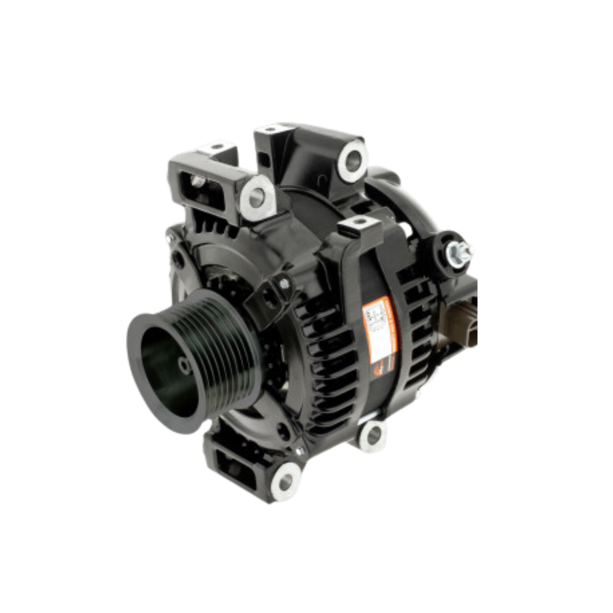 240 amp alternator for the Toyota LandCruiser V8, seen from the pulley end, with the multi-groove pulley, the cast mounting lugs and the finned rear housing