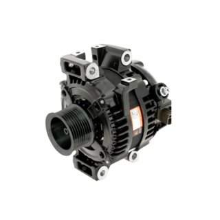 240 amp alternator for the Toyota LandCruiser V8, seen from the pulley end, with the multi-groove pulley, the cast mounting lugs and the finned rear housing
