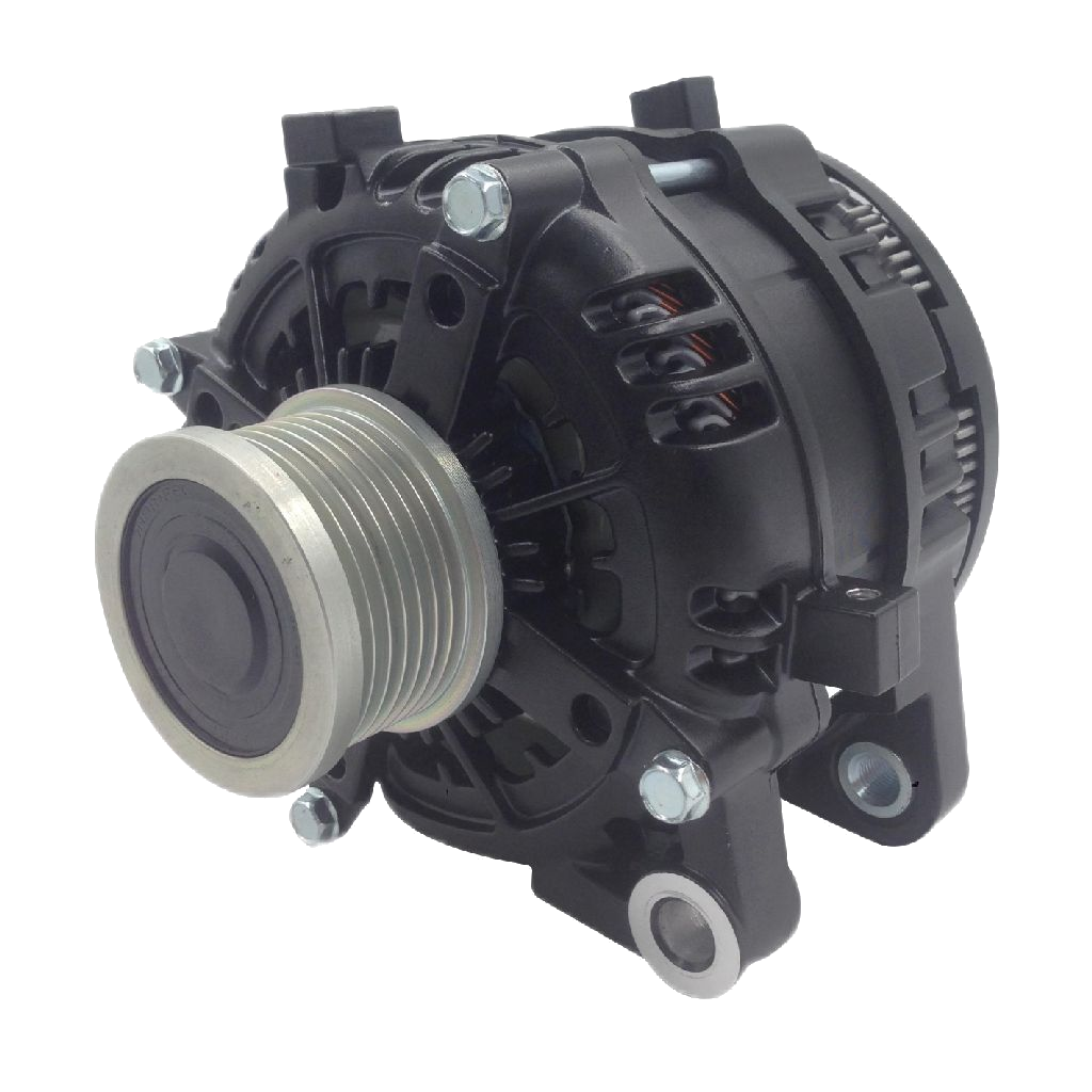 Black Series BKS-240TP 240A alternator, three quarter view showing the black powder coated housing and the 7PV clutch pulley