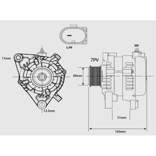 Dimensioned drawing of the BKS-240TP showing the 7PV pulley, mounting hole sizes, 163mm overall length and the LIN plug