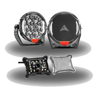 Altiq Rogue 7" Mk3 LED driving light bundle: pair of 7" driving lights above a Spectrum Pro RGB-W rock light pod shown with LED board and clear lens cover separated