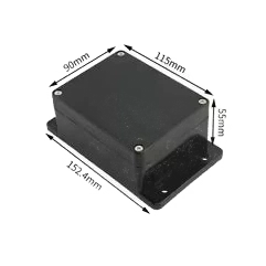 Black sealed polycarbonate junction enclosure with side mounting flanges, body 115mm wide by 90mm deep by 55mm high, EPDM-gasketed lid secured by four M4 stainless screws
