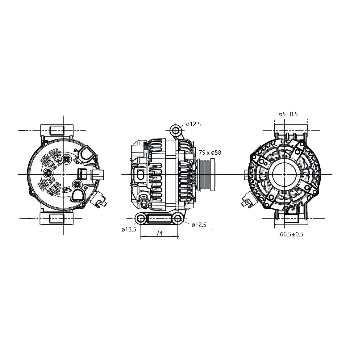 Three-view dimension drawing of the alternator: front, side and rear elevations with a 7S by 58mm pulley, 12.5mm and 13.5mm mounting bores, 74mm between mounting centres, and 65mm and 66.5mm rear housing dimensions – Black Series ALT 12V 240A, FORD RANGER, W/- P5AT ENGINE