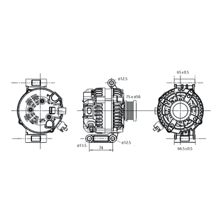 Three-view dimension drawing of the alternator: front, side and rear elevations with a 7S by 58mm pulley, 12.5mm and 13.5mm mounting bores, 74mm between mounting centres, and 65mm and 66.5mm rear housing dimensions – Black Series ALT 12V 240A, FORD RANGER, W/- P5AT ENGINE