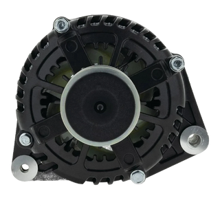 Black Series alternator seen square on to the pulley, the wide grooved pulley centred in the vented black housing with the mounting lugs at the corners