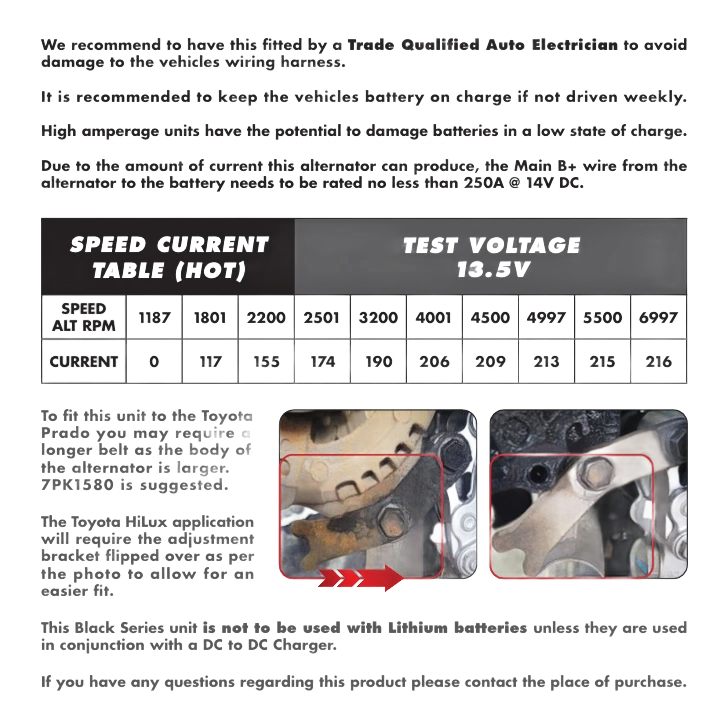 Fitting notes with a hot speed current table at 13.5V: 1187 RPM 0A, 1801 RPM 117A, 2200 RPM 155A, 2501 RPM 174A, 3200 RPM 190A, 4001 RPM 206A, 4500 RPM 209A, 4997 RPM 213A, 5500 RPM 215A, 6997 RPM 216A. Notes advise a trade qualified auto electrician, a main B plus wire rated no less than 250A at 14V DC, a longer 7PK1580 belt for the Prado, flipping the HiLux adjustment bracket, and no lithium batteries unless paired with a DC to DC charger
