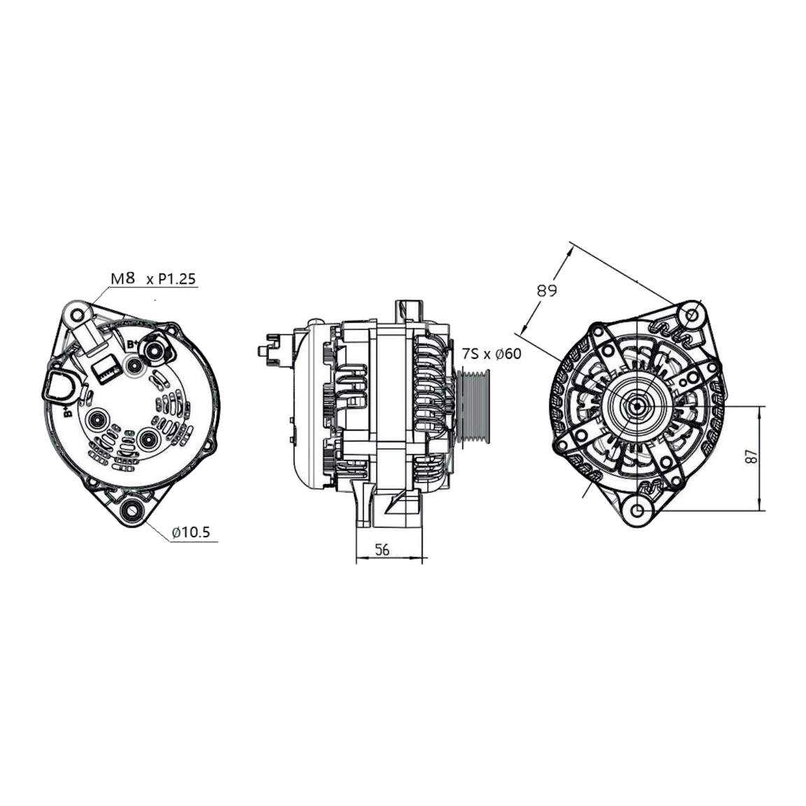 Dimensioned drawing of the BKS-240DMAX showing the M8 top mount, 10.5mm bottom mount hole, seven groove 60mm pulley and overall case dimensions – Black Series ALT 12V 240A, ISUZU D-MAX - 4JJ1, 4JJ3-TCX DSL [FIXED PULLEY]