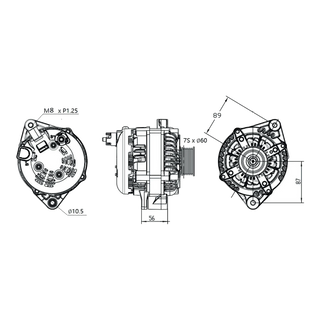 Dimensioned drawing of the BKS-240DMAX showing the M8 top mount, 10.5mm bottom mount hole, seven groove 60mm pulley and overall case dimensions – Black Series ALT 12V 240A, ISUZU D-MAX - 4JJ1, 4JJ3-TCX DSL [FIXED PULLEY]