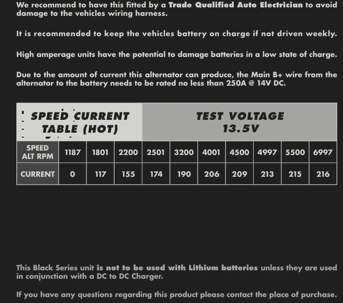 Manufacturer fitting notes for the BKS-240DMAX covering cable requirements, battery charging advice, the hot speed current table and lithium battery limitations – Black Series ALT 12V 240A, ISUZU D-MAX - 4JJ1, 4JJ3-TCX DSL [FIXED PULLEY]