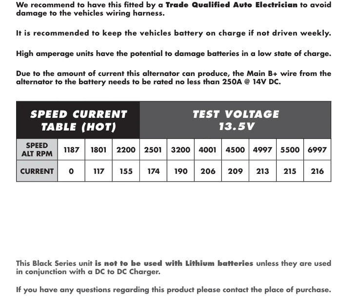 Manufacturer fitting notes for the BKS-240DMAX covering cable requirements, battery charging advice, the hot speed current table and lithium battery limitations – Black Series ALT 12V 240A, ISUZU D-MAX - 4JJ1, 4JJ3-TCX DSL [FIXED PULLEY]