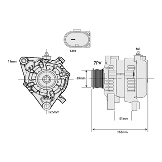 Dimensioned drawing of the BKS-240TP showing the 7PV pulley, mounting hole sizes, 163mm overall length and the LIN plug – Black Series ALT 12V 240A, TOYOTA PRADO, HIACE, LC76/78/79 1GDFTV, 2GDFTV