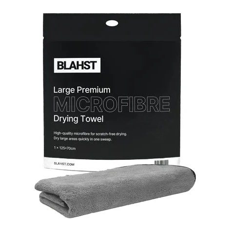 Blahst large premium microfibre drying towel with packaging on a white background