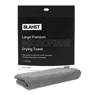 Blahst large premium microfibre drying towel with packaging on a white background