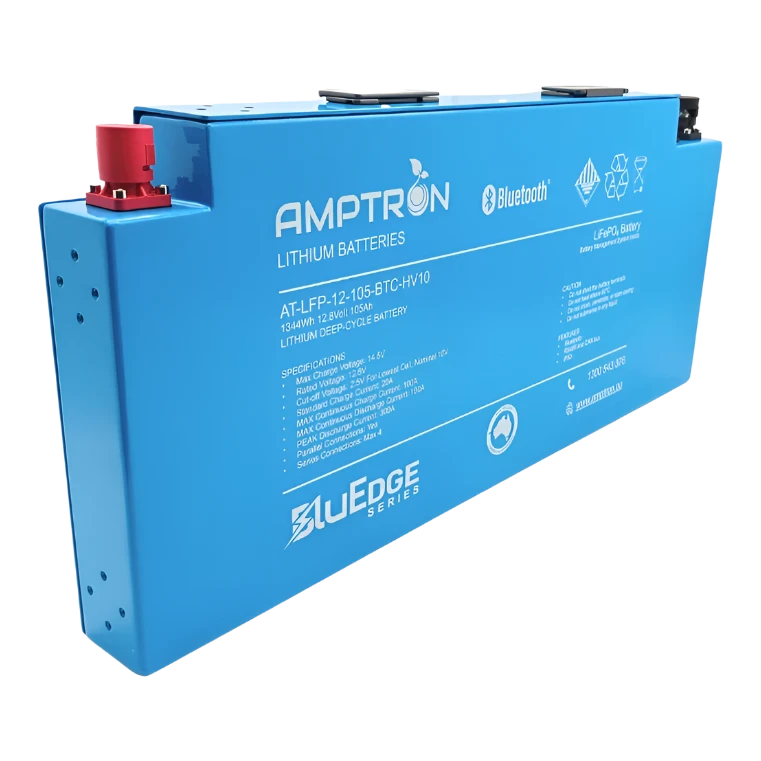 A blue lithium iron phosphate (LiFePO4) blade battery with red and black connectors, labeled with the brand Amptron and the model number AT-LFP-12-105-BTC-HV10.