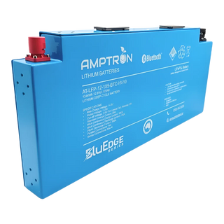 A blue lithium iron phosphate (LiFePO4) blade battery with red and black connectors, labeled with the brand Amptron and the model number AT-LFP-12-105-BTC-HV10.