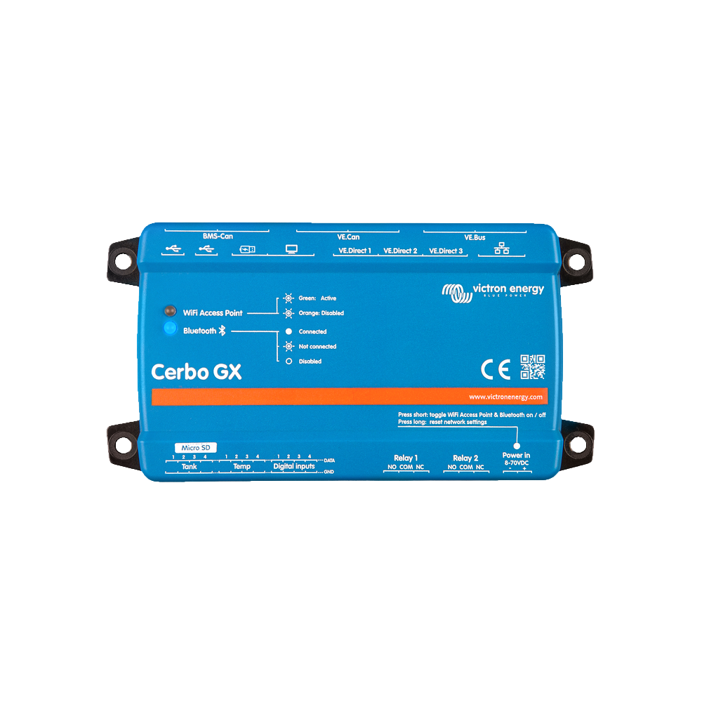 A blue Victron Cerbo GX power control unit with various ports and connections, designed for managing electrical systems.