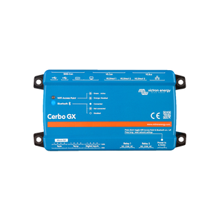 A blue Victron Cerbo GX power control unit with various ports and connections, designed for managing electrical systems.