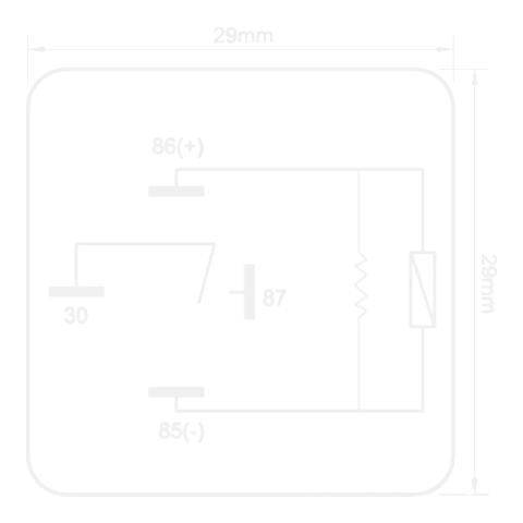 Britax R4-1280R heavy-duty mini relay dimensioned diagram. 26 by 26 by 25mm sealed body on a 4-pin mini-ISO base. Side profile with 4-pin terminal pattern below