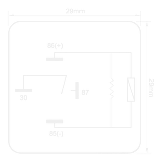 Britax R4-1280R heavy-duty mini relay dimensioned diagram. 26 by 26 by 25mm sealed body on a 4-pin mini-ISO base. Side profile with 4-pin terminal pattern below