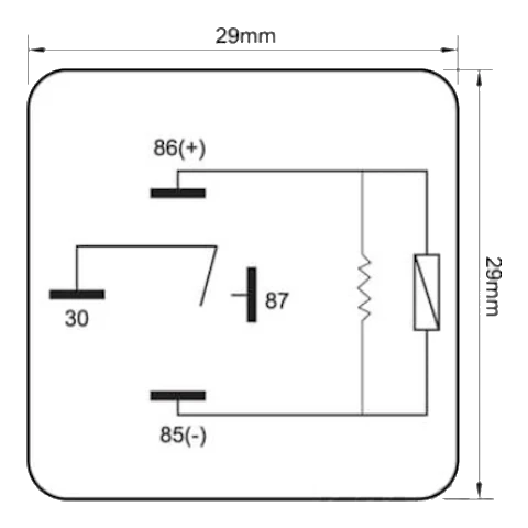 Britax R4-1280R heavy-duty mini relay dimensioned diagram. 26 by 26 by 25mm sealed body on a 4-pin mini-ISO base. Side profile with 4-pin terminal pattern below