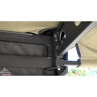 Close-up of the Bush Company 180 XT Max Awning Mk2 Left Hand Side system with The Bush Company logo.