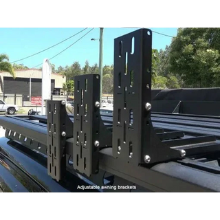 Adjustable awning brackets on a vehicle roof with a blurred background of trees and buildings.