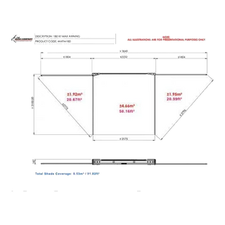 Technical drawing of a 180 XT MAX awning with dimensions and coverage details.