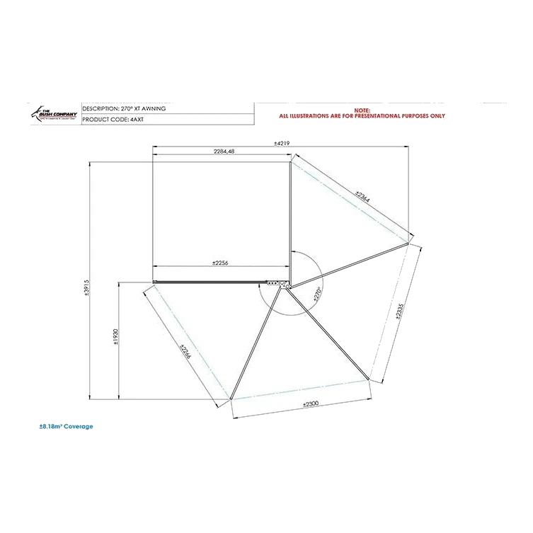 Technical drawing of the Bush Company 270 XT Awning Mk2 with dimensions on a white background