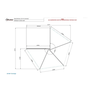 Technical drawing of the Bush Company 270 XT Awning Mk2 with dimensions on a white background