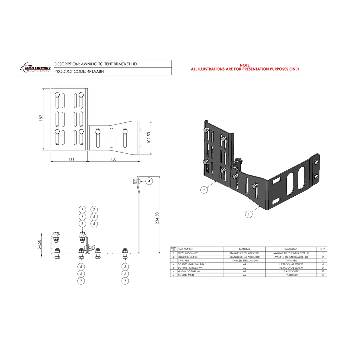 Technical drawing of a tent bracket with dimensions and component details.