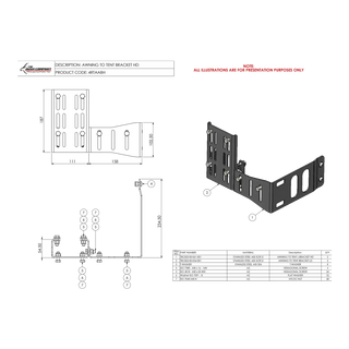 Technical drawing of a tent bracket with dimensions and component details.