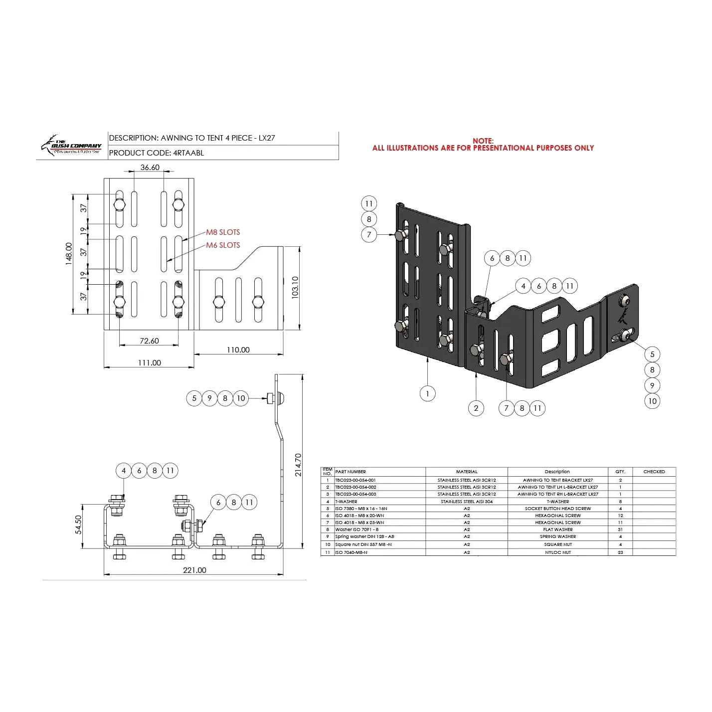Technical diagram and product illustration of the Bush Company Awning To Tent Bracket 4 Piece - LX27 mount on a white background