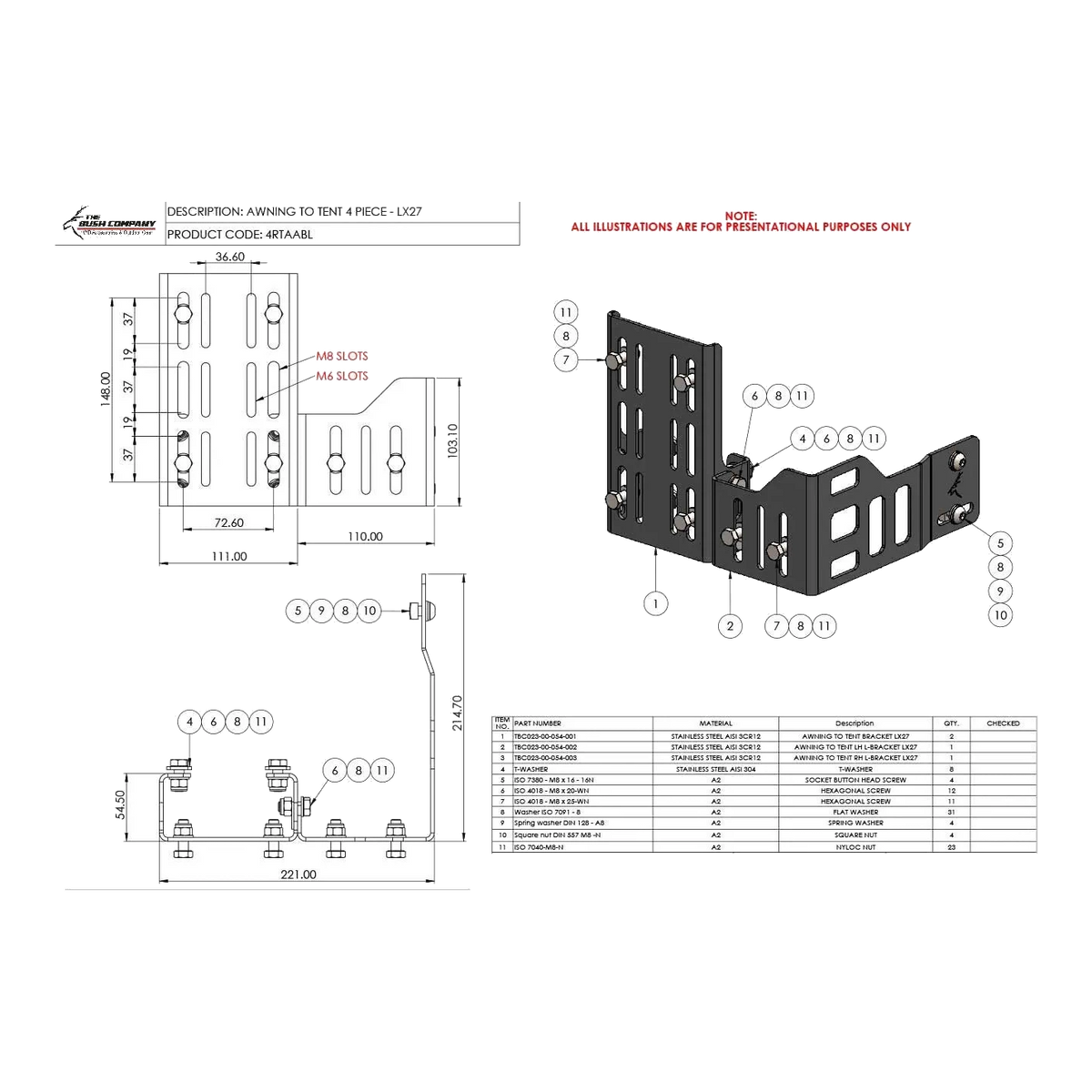 Technical diagram and product illustration of the Bush Company Awning To Tent Bracket 4 Piece - LX27 mount on a white background