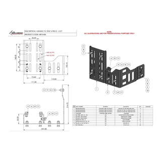 Technical diagram and product illustration of the Bush Company Awning To Tent Bracket 4 Piece - LX27 mount on a white background