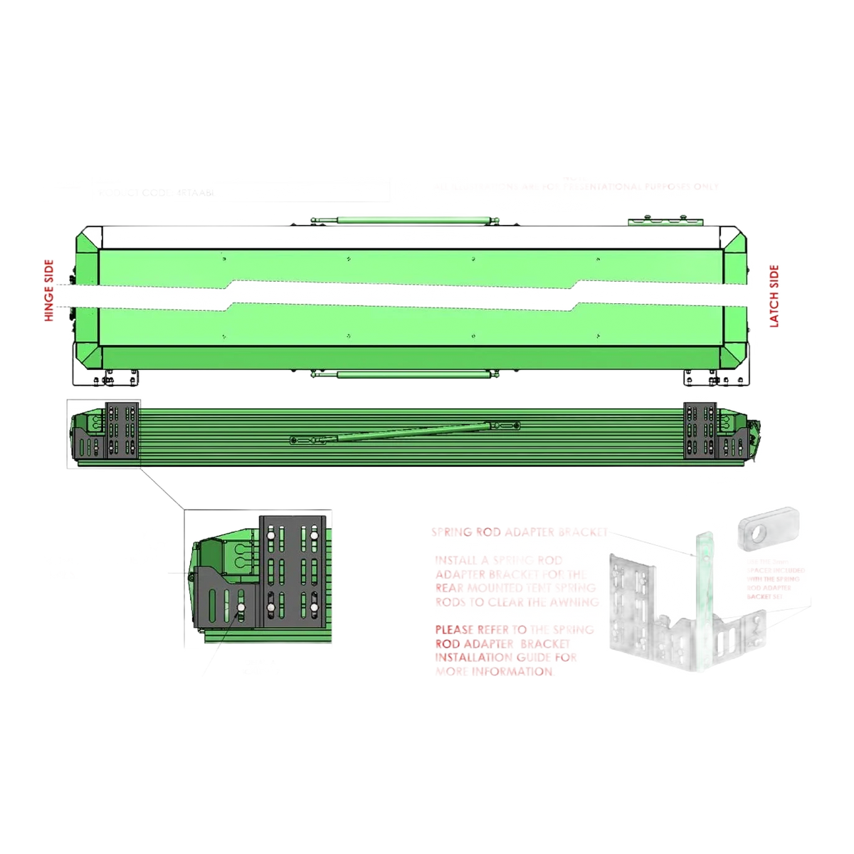 Technical diagram of a bracket awning system with text and labels on a white background