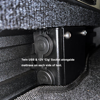 Bush Company AX27 12V socket and twin USB ports beside the mattress