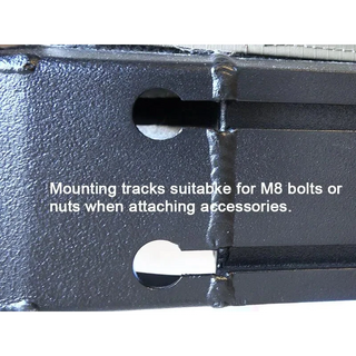 Close-up of a black metal bracket with mounting tracks for M8 bolts or nuts – Bush Company AX27 Clamshell Rooftop Tent