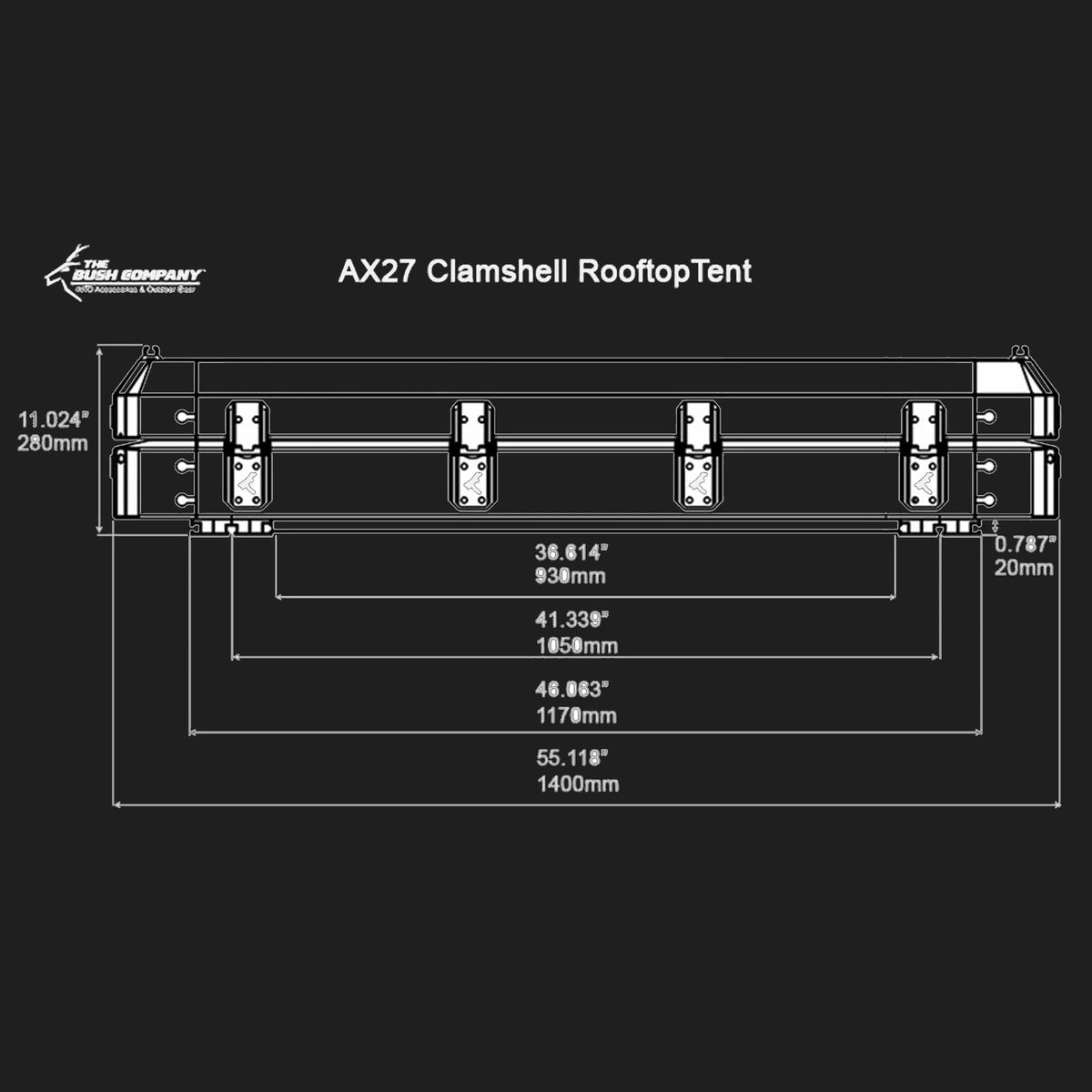 Bush Company AX27 clamshell rooftop tent side-view drawing with dimensions and mounting channel spacing