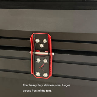 Bush Company AX27 heavy-duty stainless steel hinges on the aluminium shell