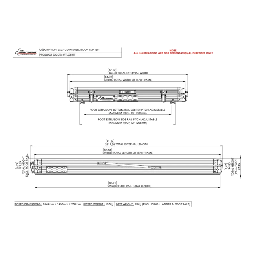 Technical drawing of a roof tent system with dimensions and specifications.