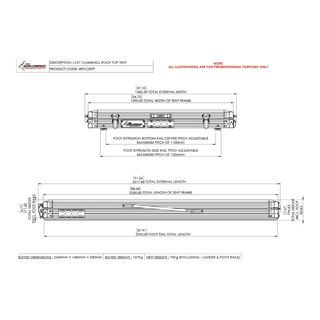 Technical drawing of a roof tent system with dimensions and specifications.
