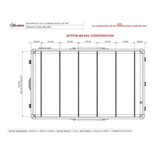 Technical drawing of a roof top tent with dimensions and rail configuration