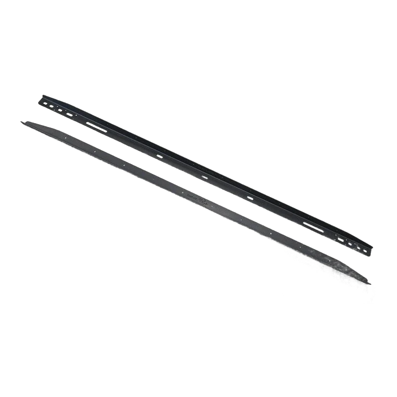A pair of black powder-coated solar panel mounting rails laid side by side on a white background, each drilled with slotted holes along its length and tapered at the ends