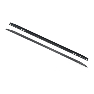 A pair of black powder-coated solar panel mounting rails laid side by side on a white background, each drilled with slotted holes along its length and tapered at the ends