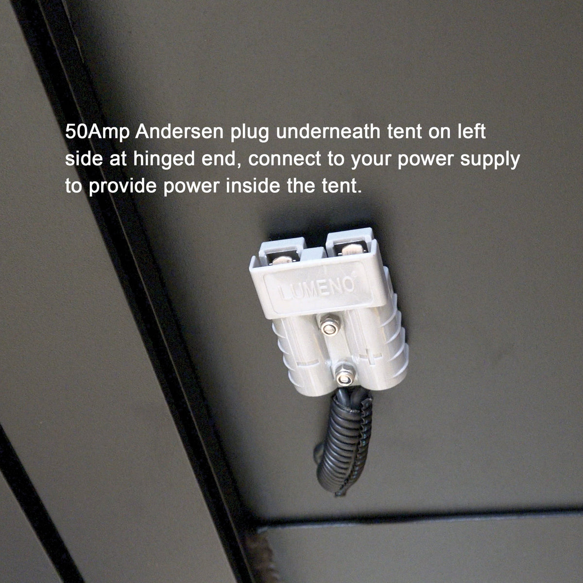 50A Anderson plug under the Bush Company TX27 for powering the tent from the vehicle