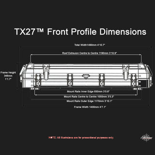 Bush Company TX27 front-profile drawing with frame width, height and mounting rail spacing