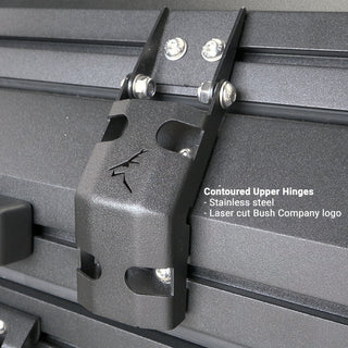 Contoured stainless upper hinge on the Bush Company TX27 with laser-cut logo